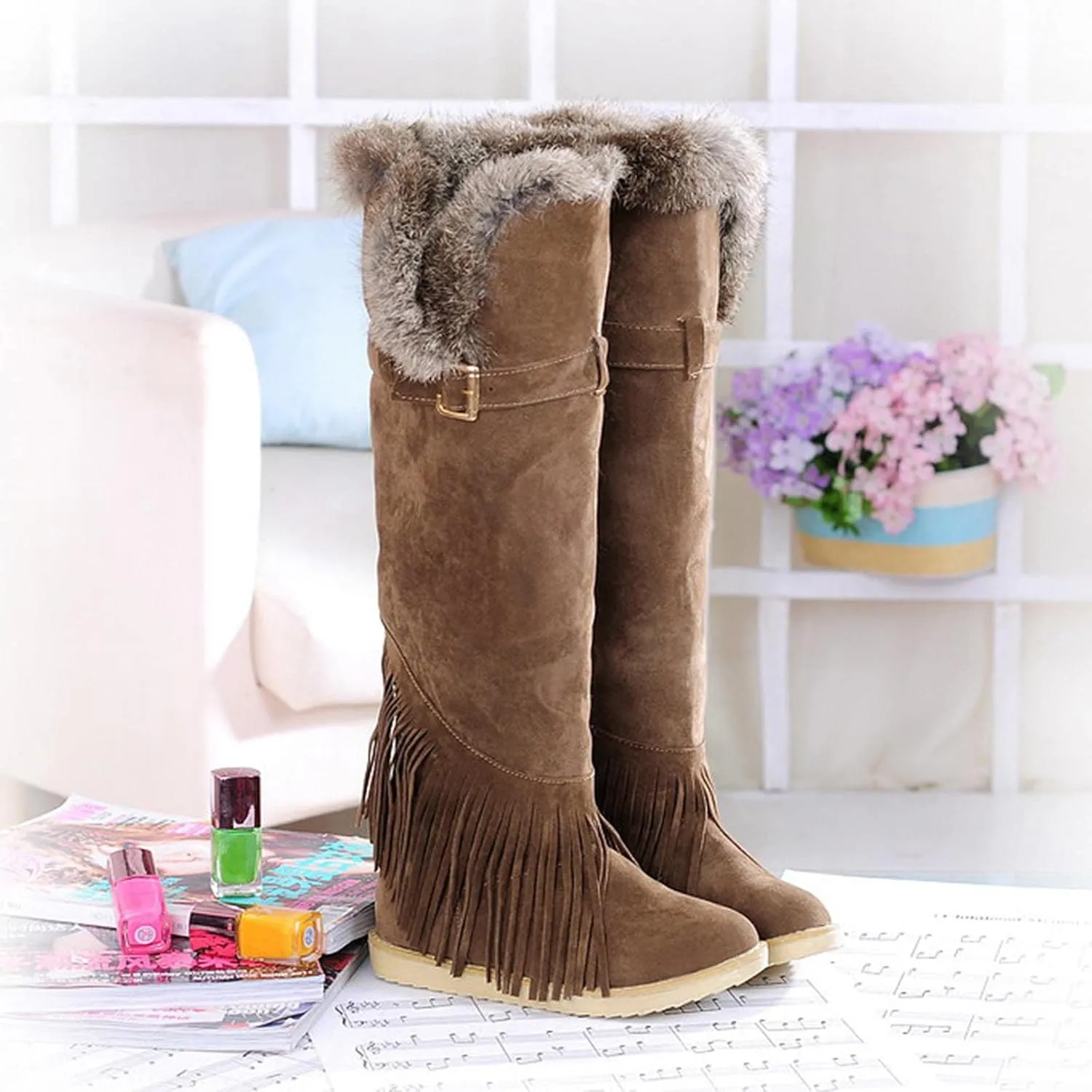 Flat Snow Boots for Women - Fashion Plush Fringed Pointed Toe Belt Buckle Slip-on Knee High Boots Winter Solid Velvet Warm Riding Boots Shoes