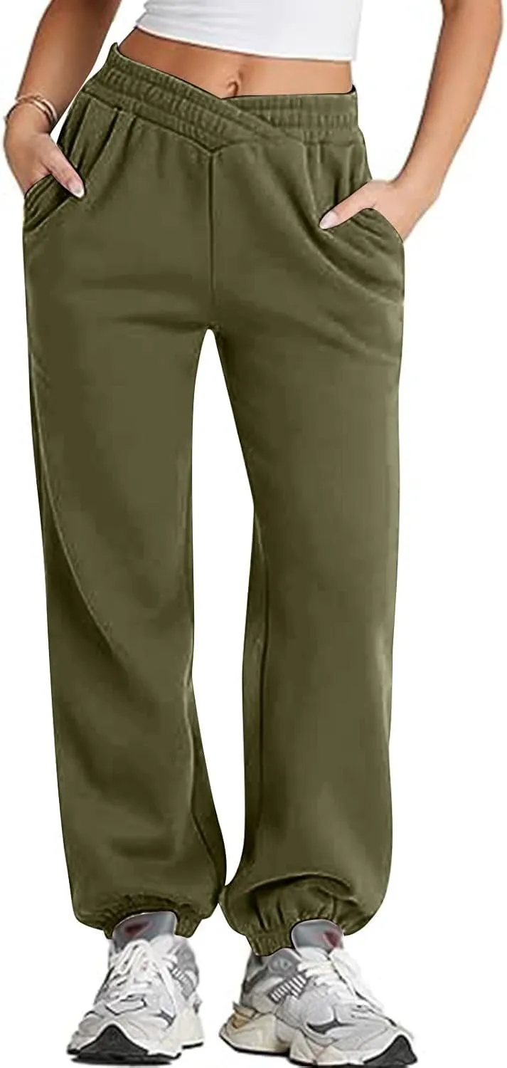 Fleece Joggers for Women Cute Y2k Baggy Sweatpants Casual Crossover High Waisted Athletic Jogger Pants with Pockets