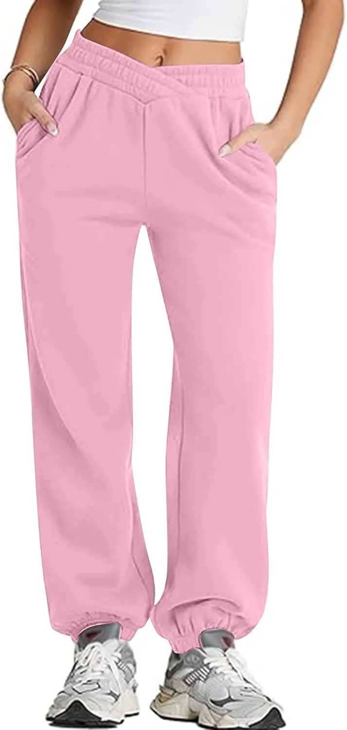 Fleece Joggers for Women Cute Y2k Baggy Sweatpants Casual Crossover High Waisted Athletic Jogger Pants with Pockets