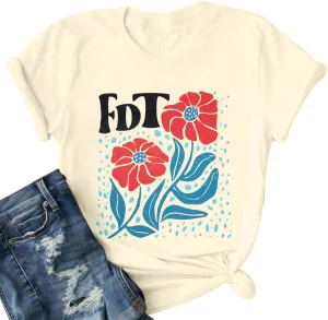 Flower Shirts for Women Floral Graphic Tshirts Vintage Retro Casual Tees Top Loose Round Neck Short Sleeve