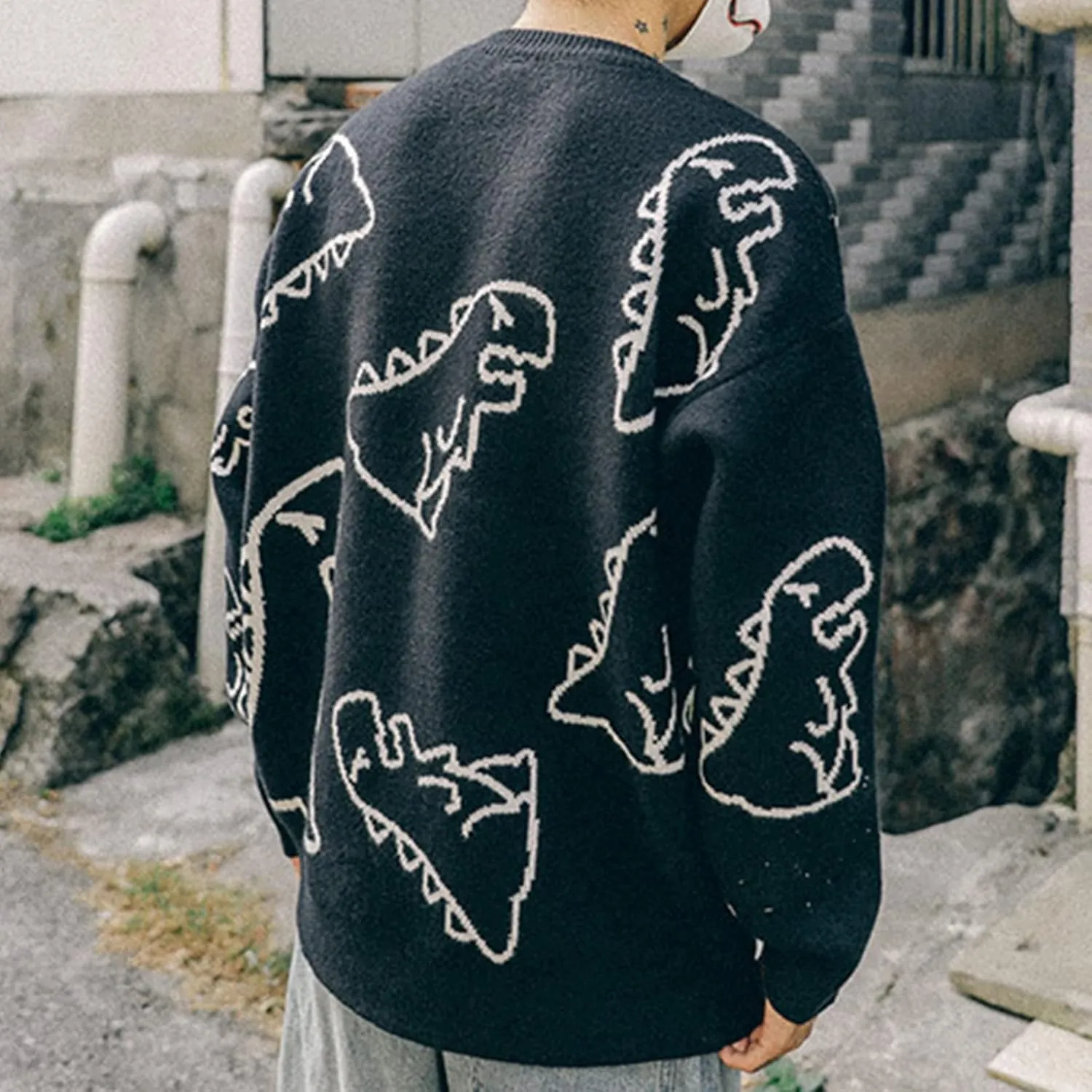 Flygo Women Dinosaur Knit Sweater Unisex Oversized Sweaters Casual Long Sleeve Pullover Jumper Knitwear