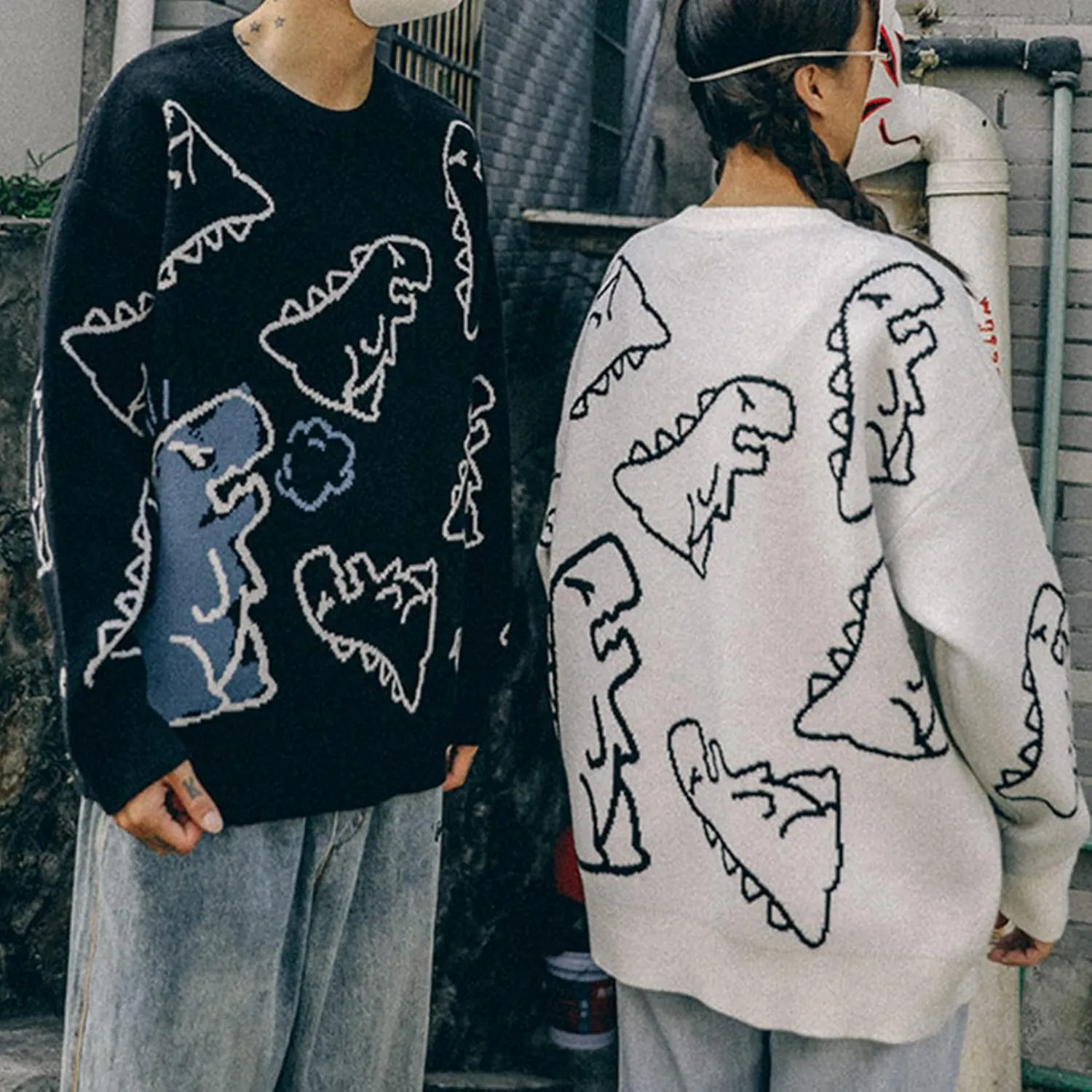 Flygo Women Dinosaur Knit Sweater Unisex Oversized Sweaters Casual Long Sleeve Pullover Jumper Knitwear