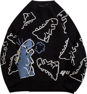 Flygo Women Dinosaur Knit Sweater Unisex Oversized Sweaters Casual Long Sleeve Pullover Jumper Knitwear