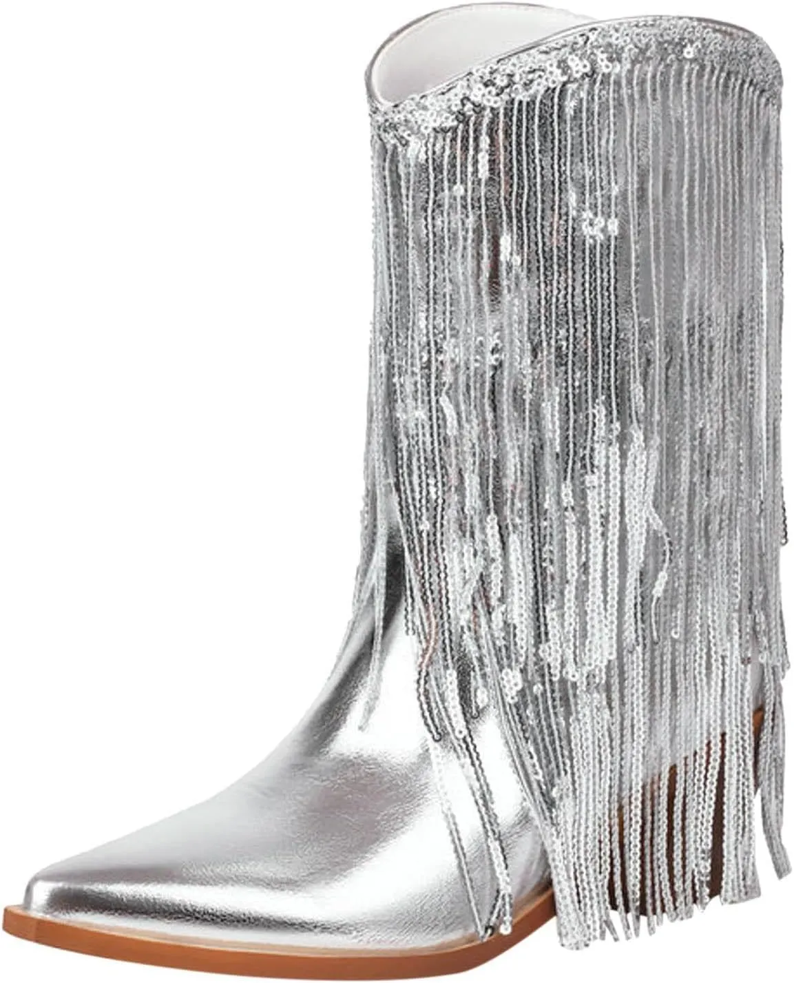 Fringe Western Cowboy Boots for Women Chunky Heel Pointed Toe Pull On Rhinestones Embroidered Tassel Boots Mid Calf Boots