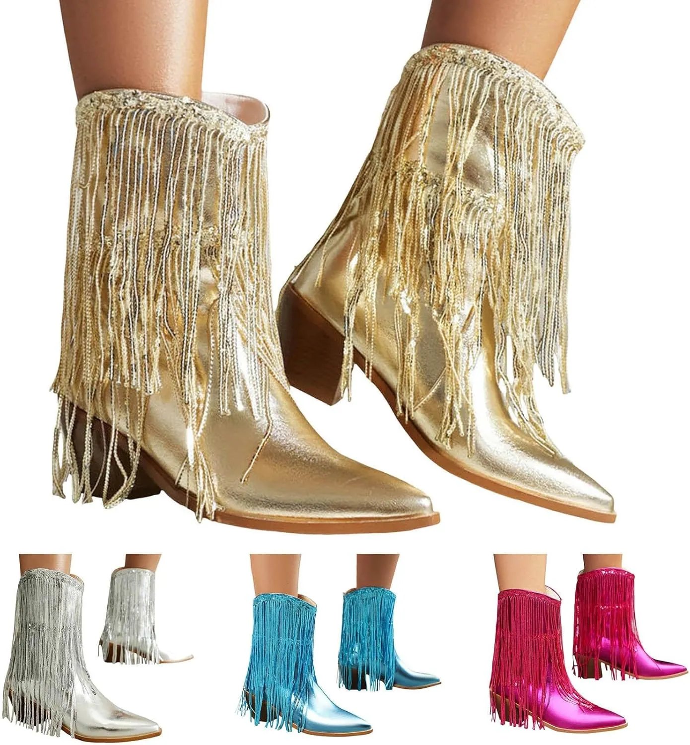 Fringe Western Cowboy Boots for Women Chunky Heel Pointed Toe Pull On Rhinestones Embroidered Tassel Boots Mid Calf Boots