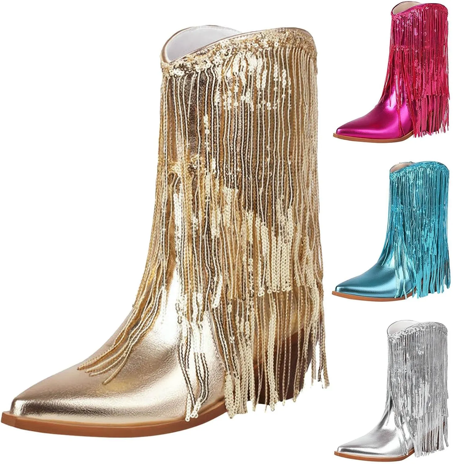 Fringe Western Cowboy Boots for Women Chunky Heel Pointed Toe Pull On Rhinestones Embroidered Tassel Boots Mid Calf Boots