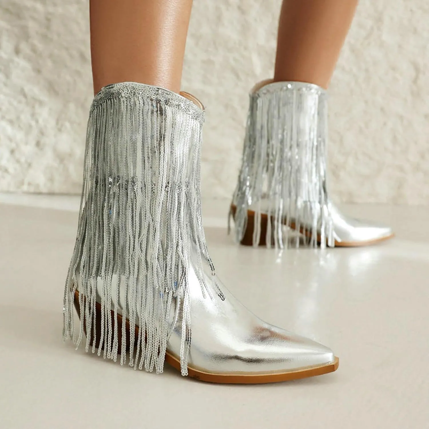 Fringe Western Cowboy Boots for Women Chunky Heel Pointed Toe Pull On Rhinestones Embroidered Tassel Boots Mid Calf Boots