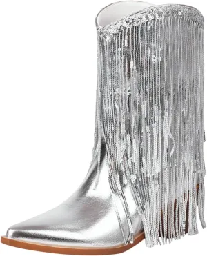 Fringe Western Cowboy Boots for Women Chunky Heel Pointed Toe Pull On Rhinestones Embroidered Tassel Boots Mid Calf Boots