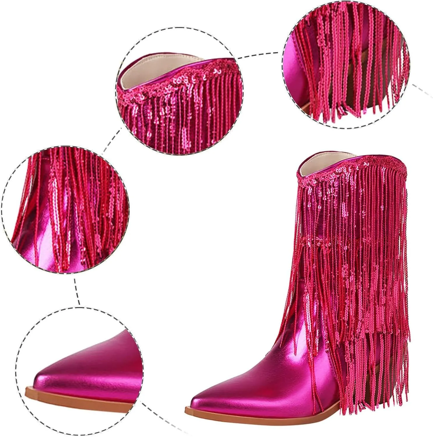 Fringe Western Cowboy Boots for Women Chunky Heel Pointed Toe Pull On Rhinestones Embroidered Tassel Boots Mid Calf Boots