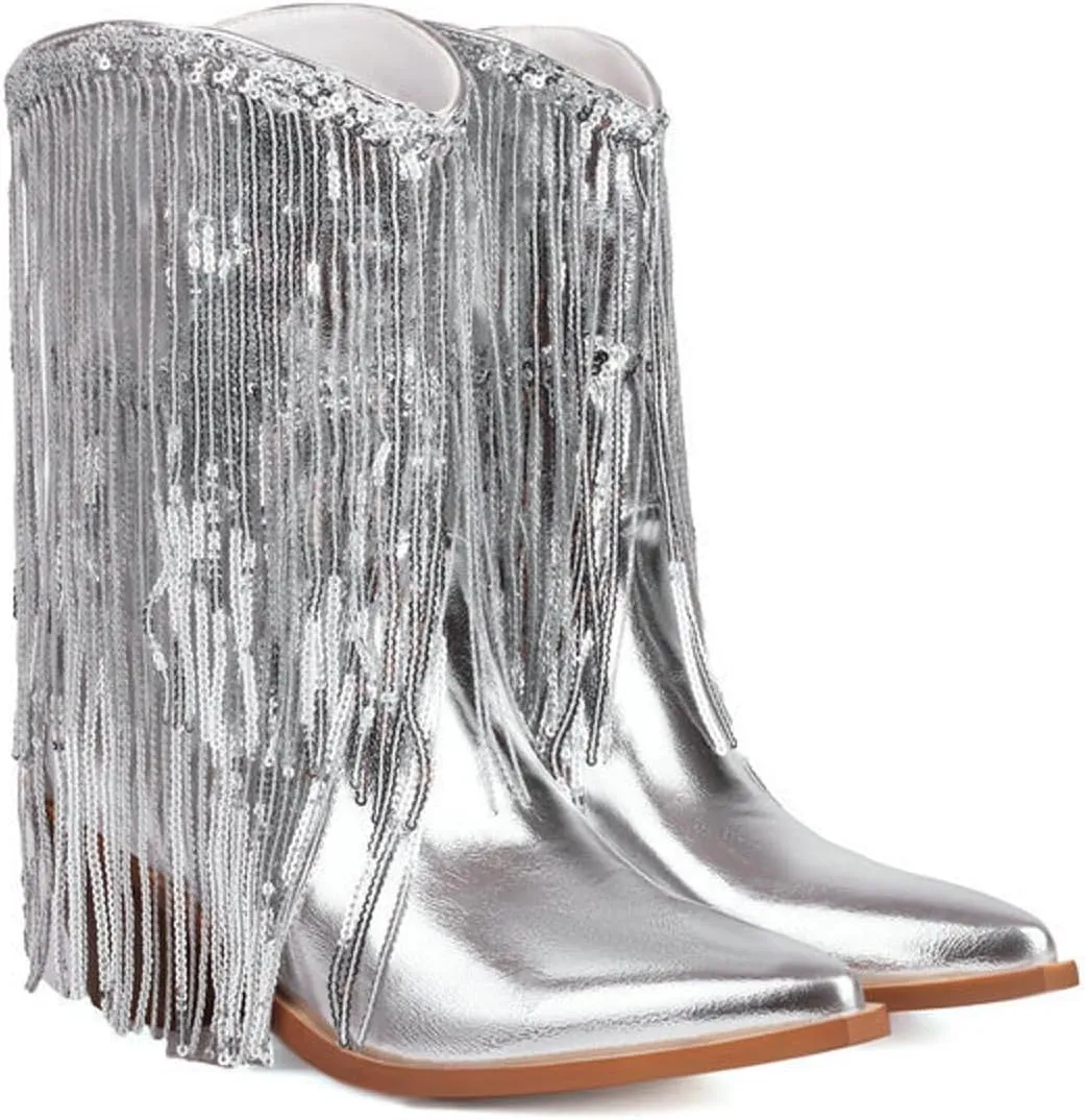 Fringe Western Cowboy Boots for Women Chunky Heel Pointed Toe Pull On Rhinestones Embroidered Tassel Boots Mid Calf Boots