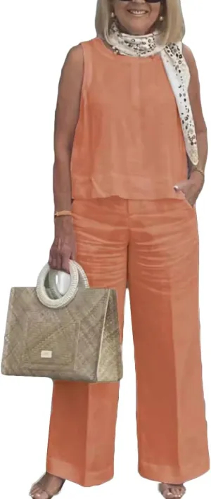 Geleglaer Women's Plus Size Cotton Linen 2 Piece Outfits Summer Dressy Casual Tank Tops and Palazzo Pants Suits with Pockets