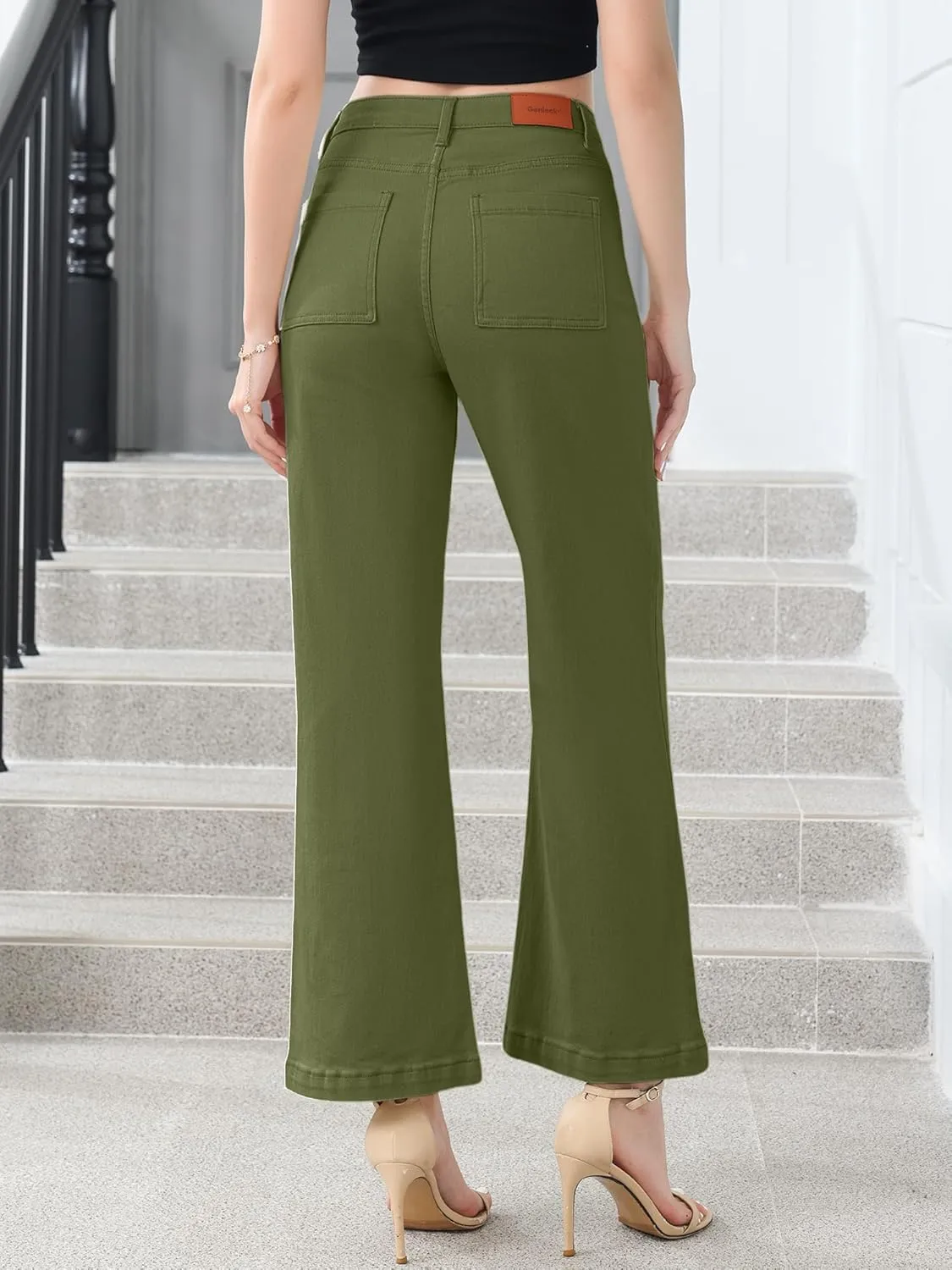 Genleck Wide Leg Jeans for Women Trendy High Waisted Boyfriend Stretchy Straight Cropped Pants with Patch Pockets
