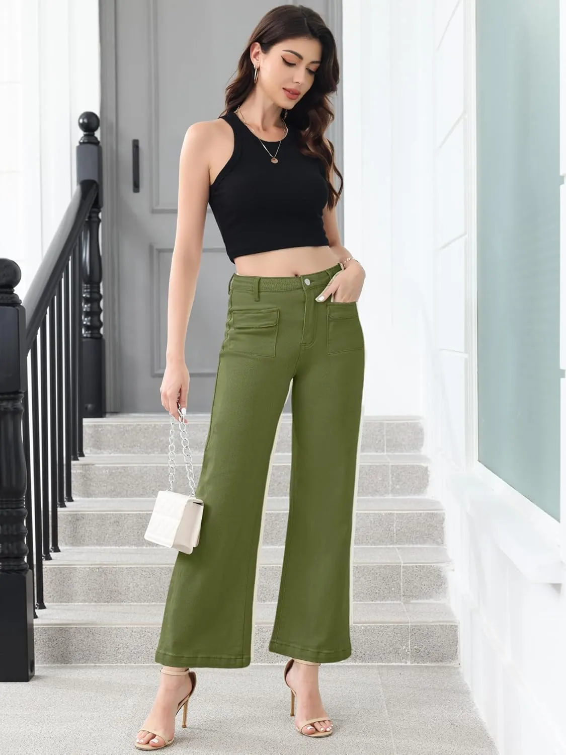 Genleck Wide Leg Jeans for Women Trendy High Waisted Boyfriend Stretchy Straight Cropped Pants with Patch Pockets
