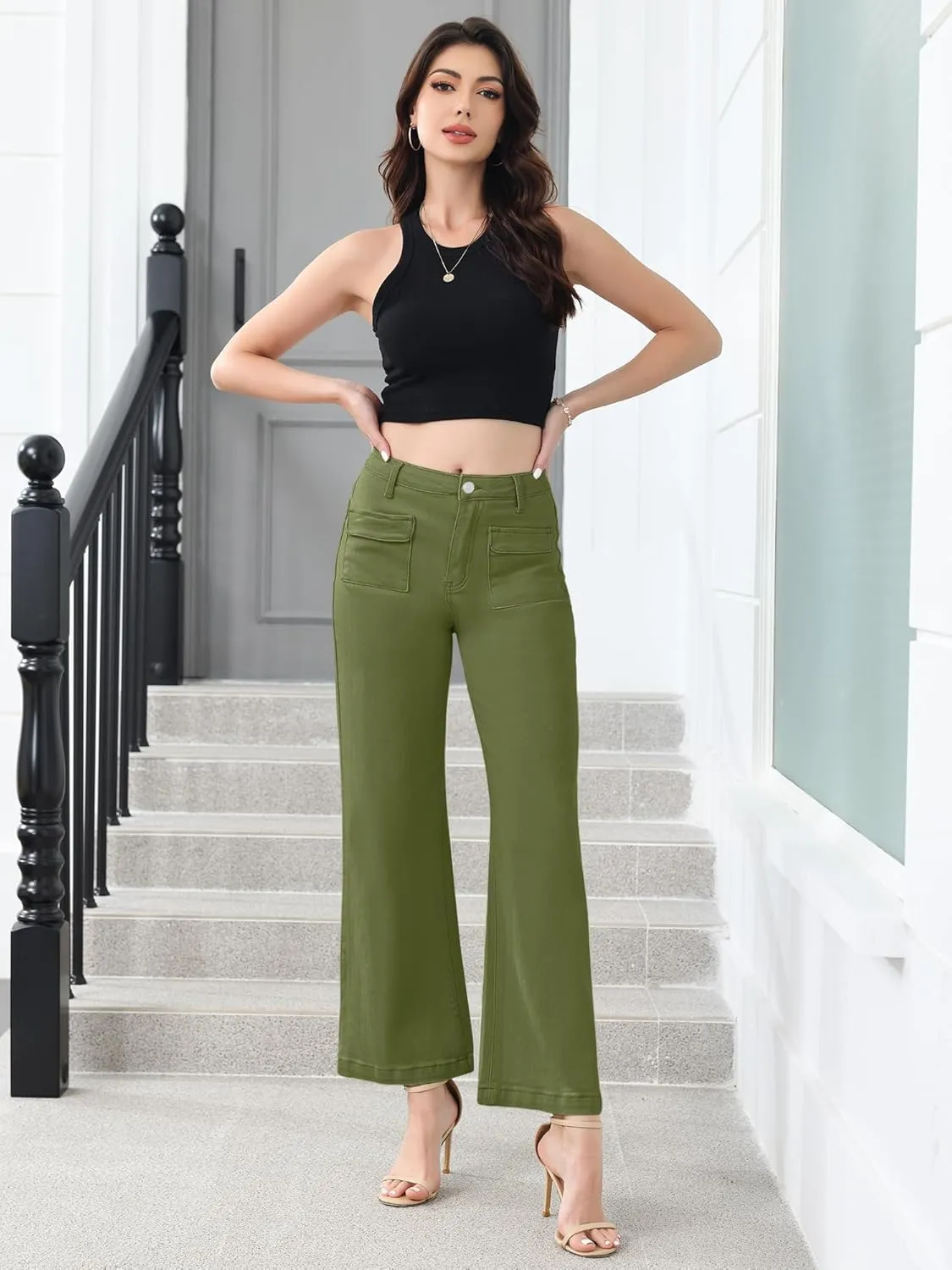 Genleck Wide Leg Jeans for Women Trendy High Waisted Boyfriend Stretchy Straight Cropped Pants with Patch Pockets