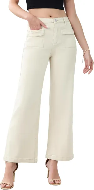 Genleck Wide Leg Jeans for Women Trendy High Waisted Boyfriend Stretchy Straight Cropped Pants with Patch Pockets