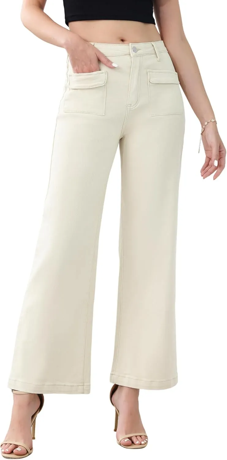 Genleck Wide Leg Jeans for Women Trendy High Waisted Boyfriend Stretchy Straight Cropped Pants with Patch Pockets