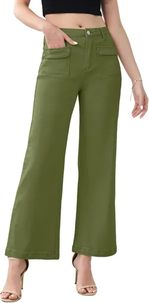 Genleck Wide Leg Jeans for Women Trendy High Waisted Boyfriend Stretchy Straight Cropped Pants with Patch Pockets