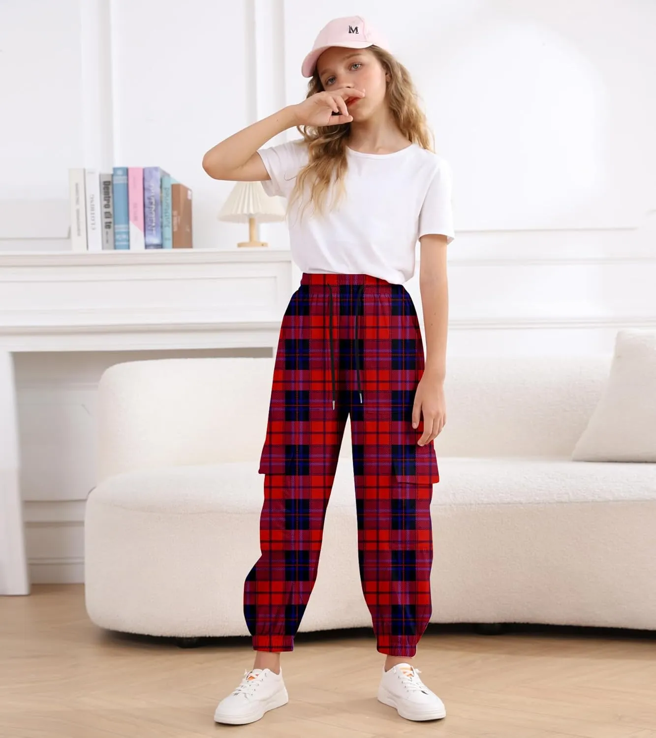 Girls Cargo Pants Baggy Joggers Lightweight Elastic Waist Drawstring with Pockets Casual Travel Hiking Streetwear
