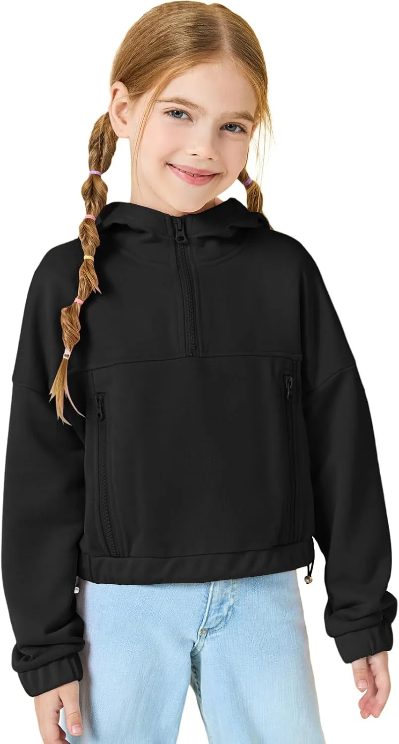 Girls Half Zip Up Hoodies Kids Fashion Loose Hooded Sweatshirts with Pockets 3-14 Years