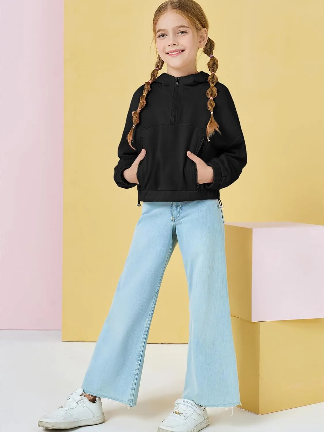 Girls Half Zip Up Hoodies Kids Fashion Loose Hooded Sweatshirts with Pockets 3-14 Years