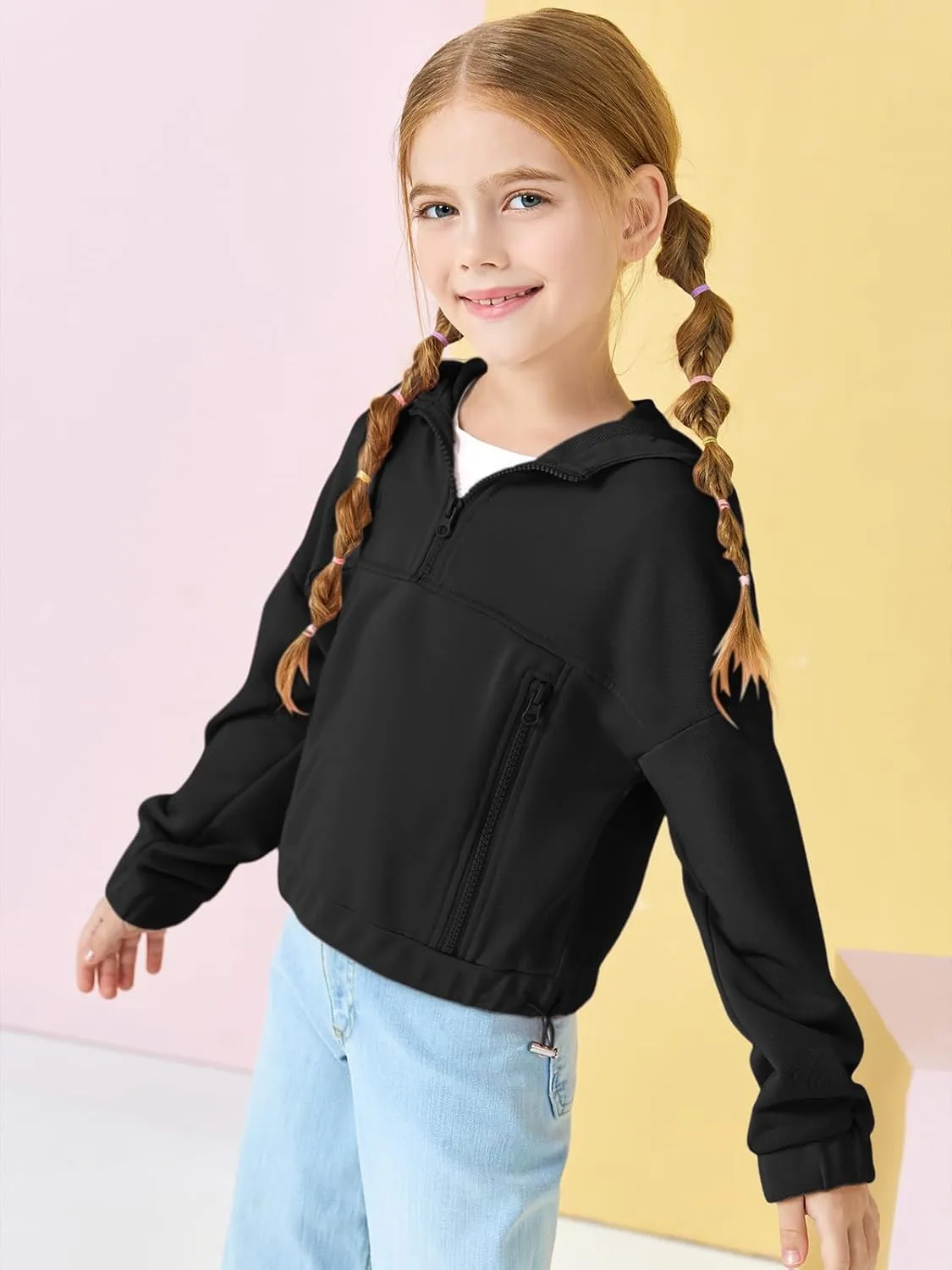 Girls Half Zip Up Hoodies Kids Fashion Loose Hooded Sweatshirts with Pockets 3-14 Years