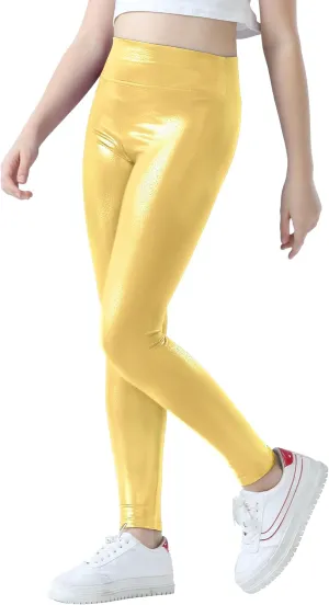 Girls Metallic Leggings Shiny Mystique Stretch Dance Pants Running Active Tights for Kids Youth Teen