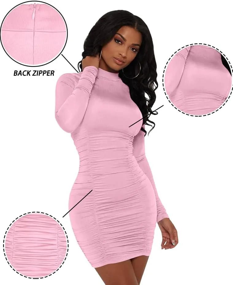 GOKATOSAU Women's Sexy Stand Neck Bodycon Long Sleeve Ruched Club Party Mini Dress