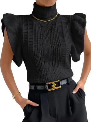 GORGLITTER Women's Short Sleeve Sweater Vest Cable Knit Turtleneck Sleeveless Pullover Tank Tops