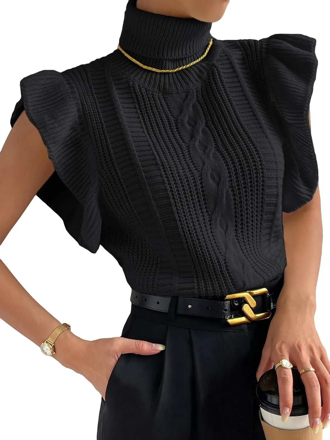 GORGLITTER Women's Short Sleeve Sweater Vest Cable Knit Turtleneck Sleeveless Pullover Tank Tops