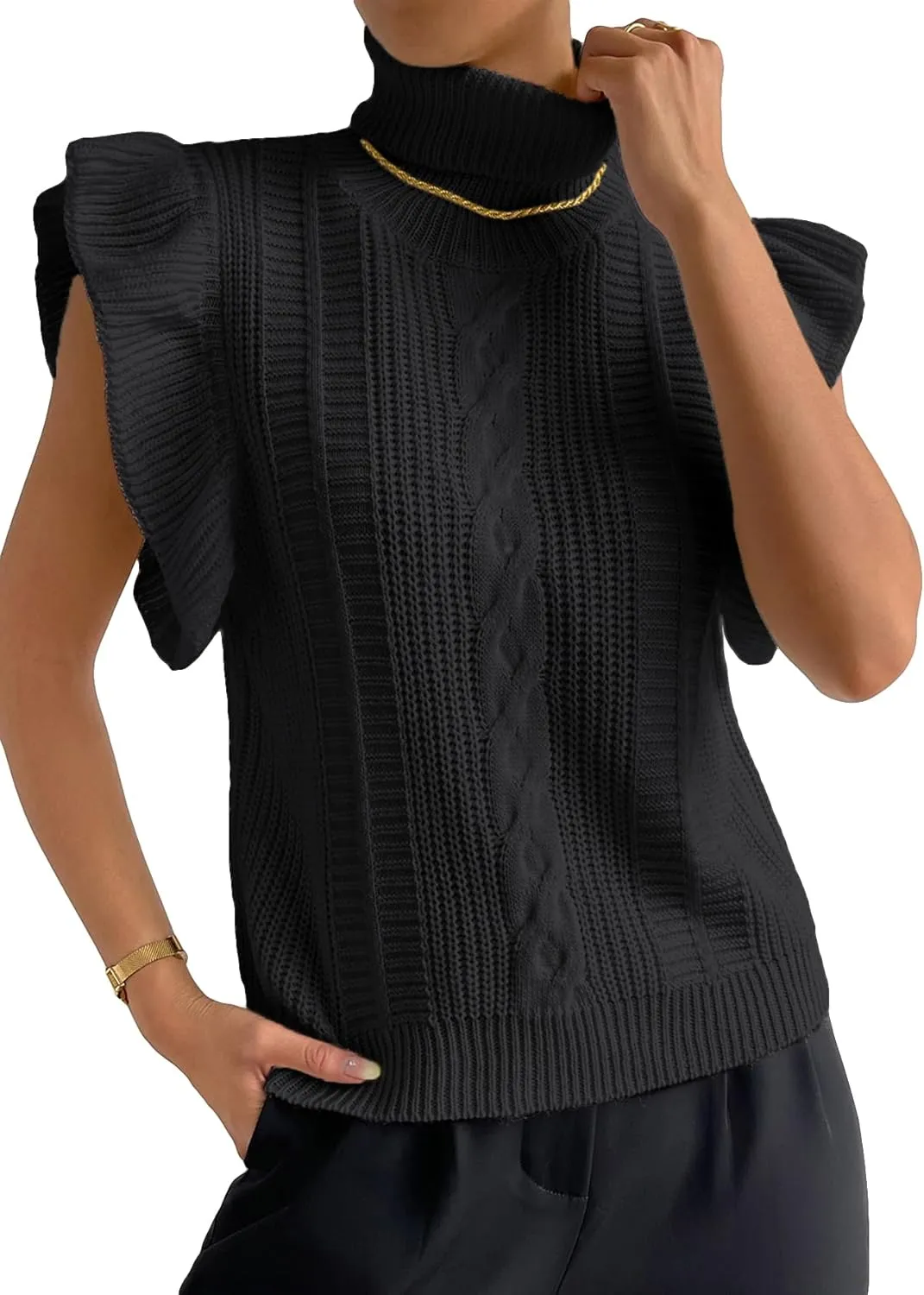 GORGLITTER Women's Short Sleeve Sweater Vest Cable Knit Turtleneck Sleeveless Pullover Tank Tops