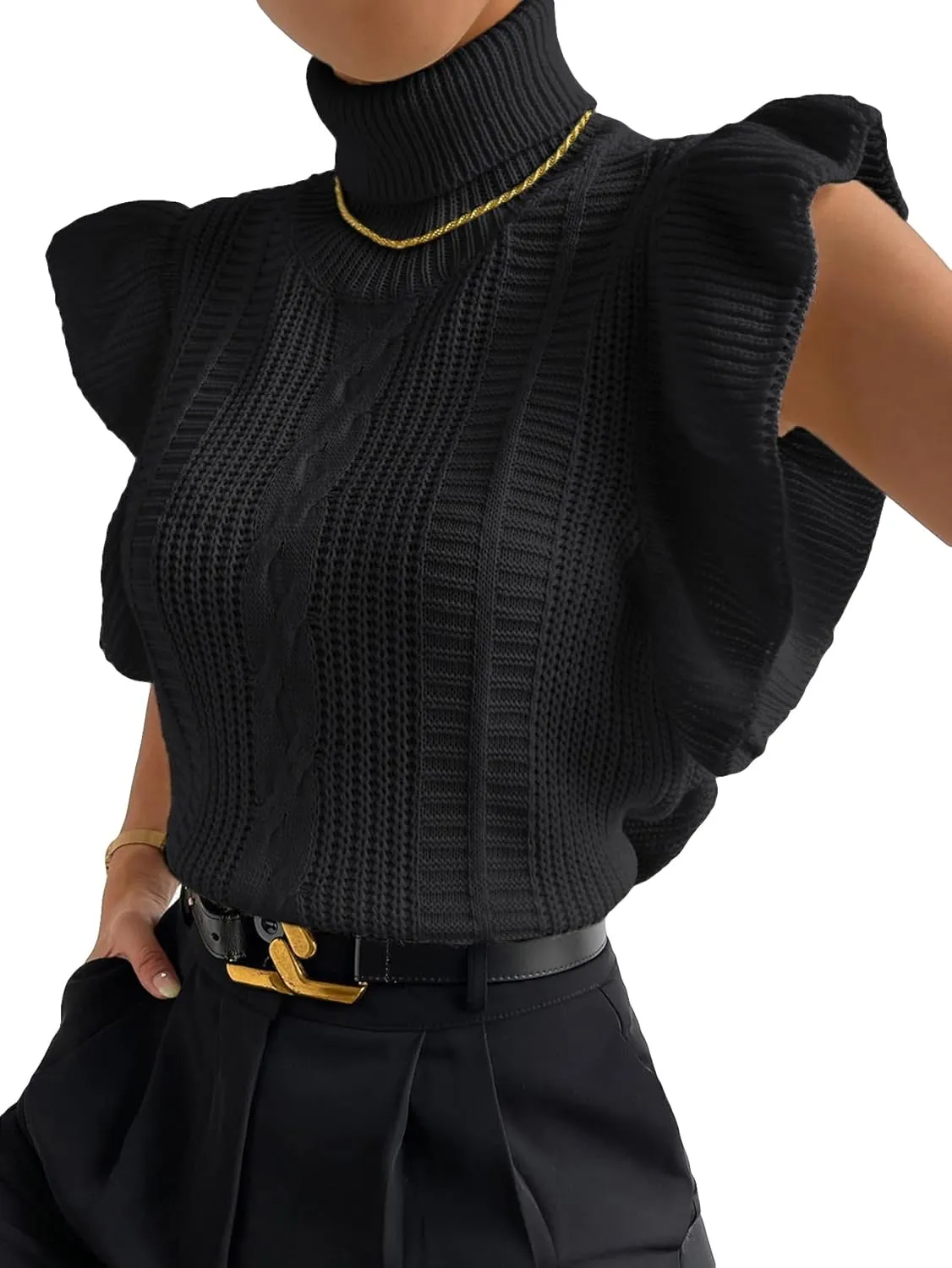 GORGLITTER Women's Short Sleeve Sweater Vest Cable Knit Turtleneck Sleeveless Pullover Tank Tops