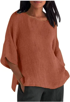Graphic Tees for Women Plus Size Summer Fashion Cropped Sleeves Round Neck Cotton Line Loose Fit Shirt Blouse