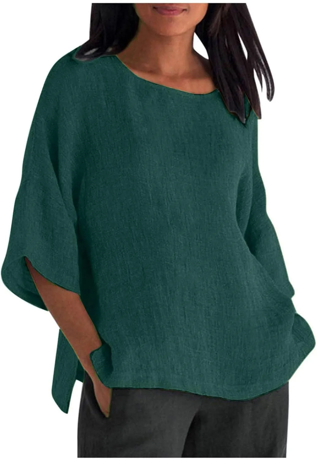 Graphic Tees for Women Plus Size Summer Fashion Cropped Sleeves Round Neck Cotton Line Loose Fit Shirt Blouse