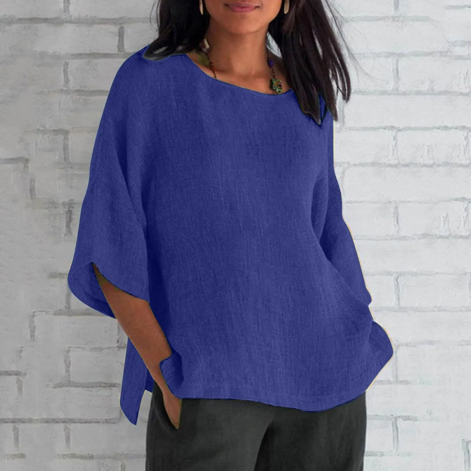 Graphic Tees for Women Plus Size Summer Fashion Cropped Sleeves Round Neck Cotton Line Loose Fit Shirt Blouse