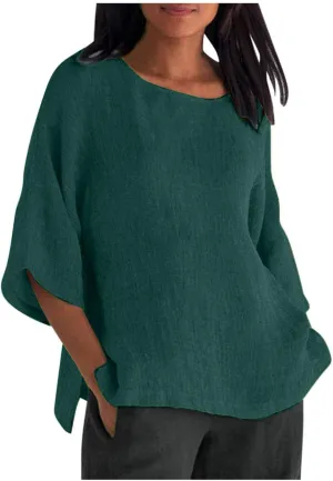 Graphic Tees for Women Plus Size Summer Fashion Cropped Sleeves Round Neck Cotton Line Loose Fit Shirt Blouse