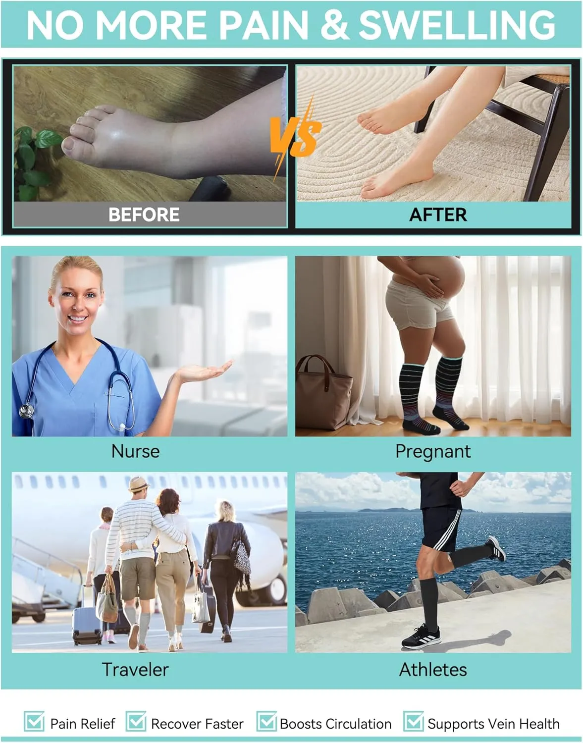 HAPIU Merino Wool Soft Compression Socks for Women & Men, 15-20 mmHg, Plus Size Knee High Stocking for Nurses, Pregnancy, Travel, Flight, Medias de Compresin Mujer