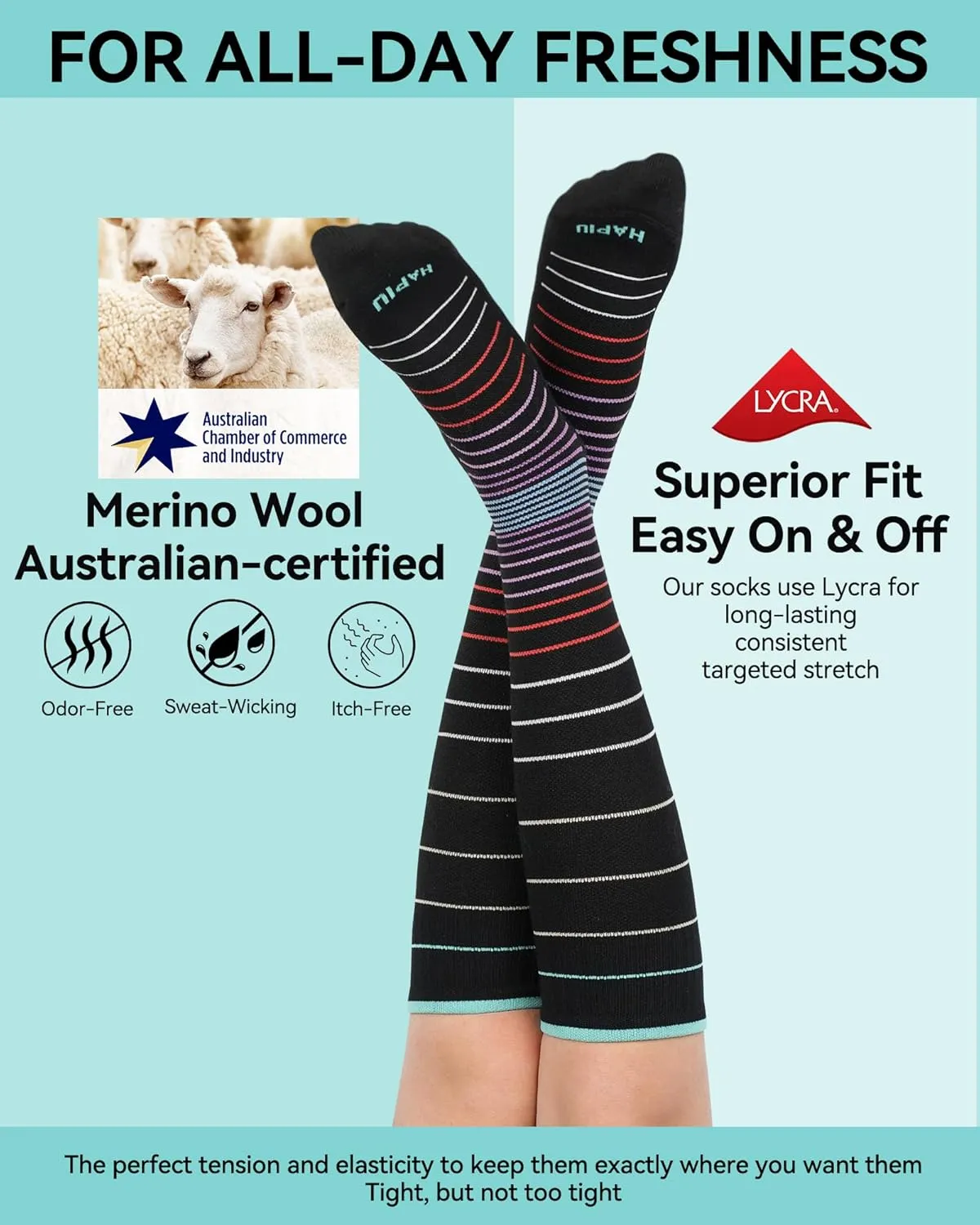 HAPIU Merino Wool Soft Compression Socks for Women & Men, 15-20 mmHg, Plus Size Knee High Stocking for Nurses, Pregnancy, Travel, Flight, Medias de Compresin Mujer