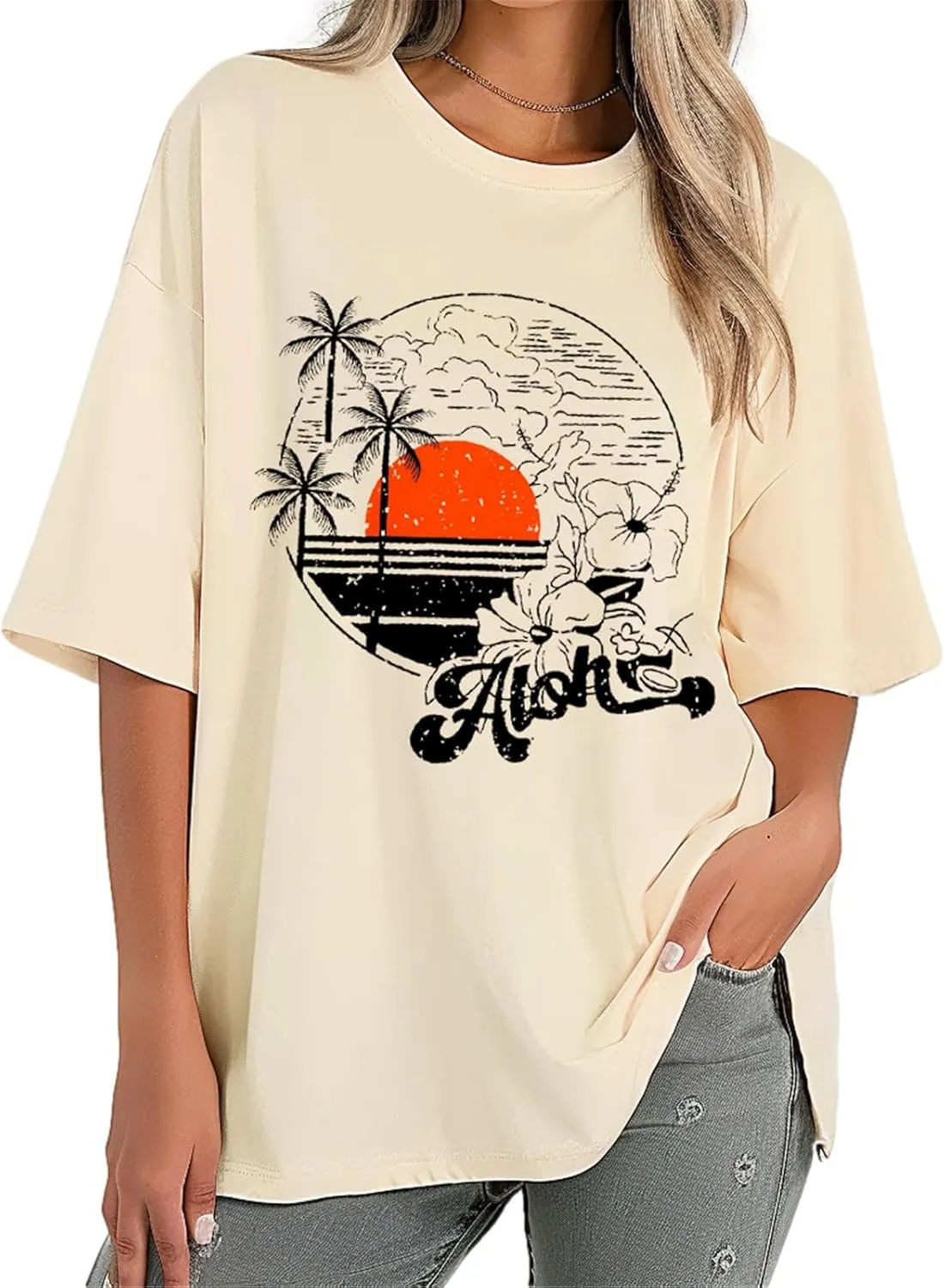 Hawaiian Shirt Women Oversized Hawaii State Aloha Graphic Letter Print T-Shirt Hibiscus Flower Casual Summer Beach Tee Top