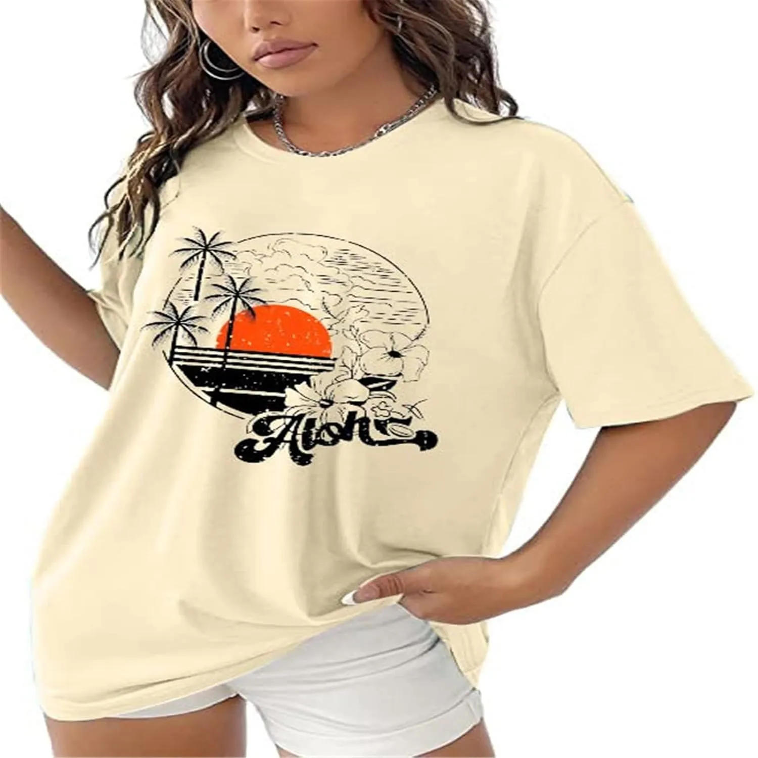 Hawaiian Shirt Women Oversized Hawaii State Aloha Graphic Letter Print T-Shirt Hibiscus Flower Casual Summer Beach Tee Top