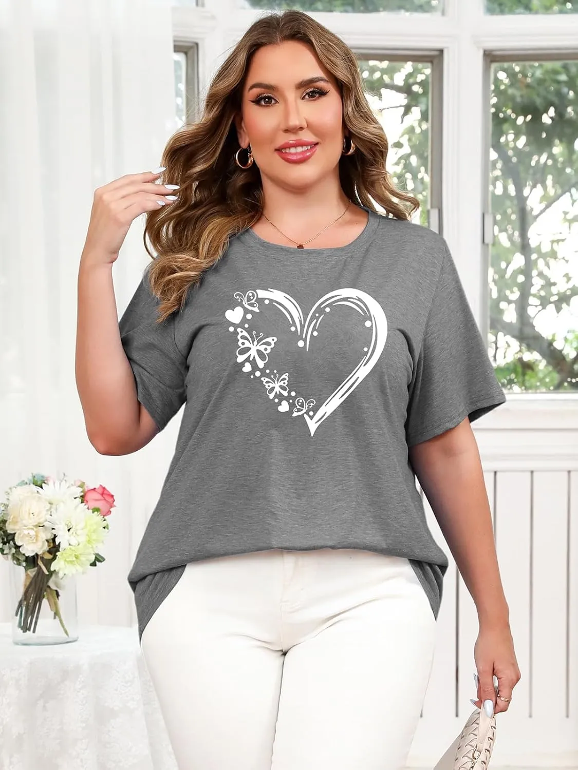 HDLTE Plus Size Tshirts for Women  Oversized Graphic Tees Short Sleeve Crewneck Cute Casual Tops Loose Summer Outfit 2025