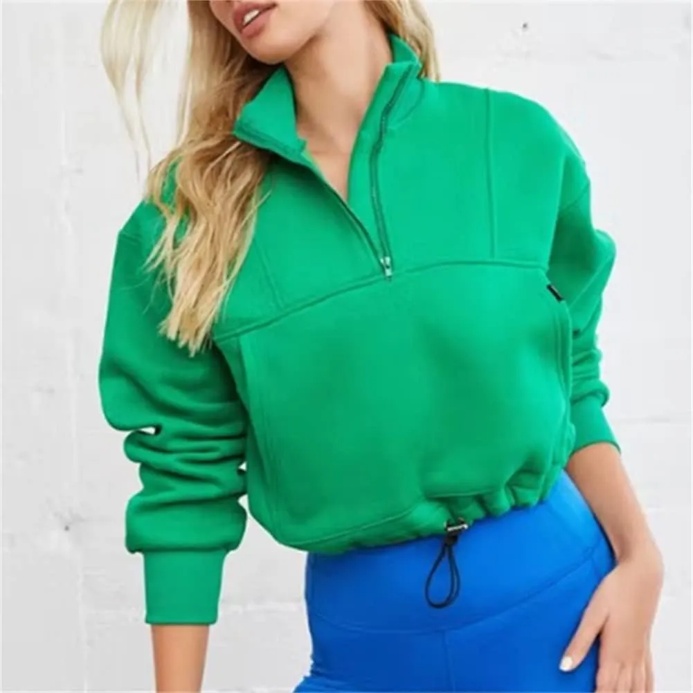 HOULENGS Women's Casual Half Zip Up Cropped Sweatshirts Long Sleeve Lapel Pullover Sweatshirts with Pockets