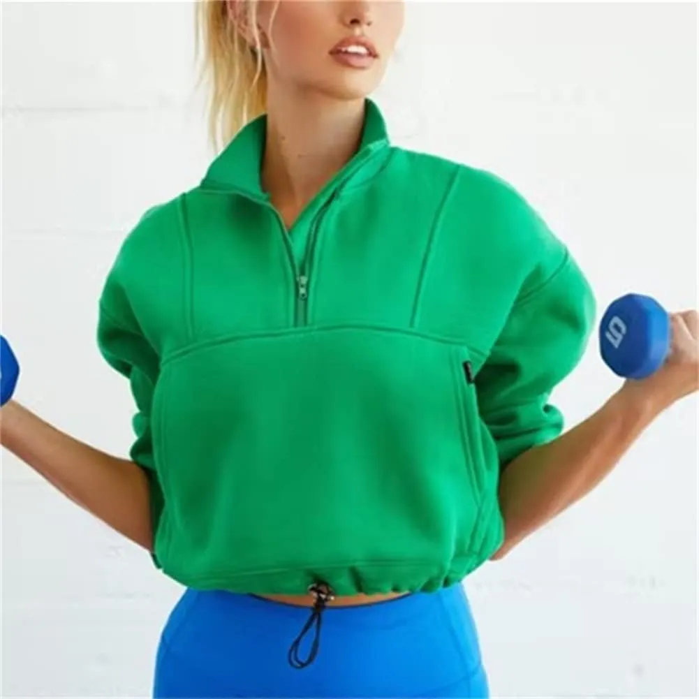 HOULENGS Women's Casual Half Zip Up Cropped Sweatshirts Long Sleeve Lapel Pullover Sweatshirts with Pockets