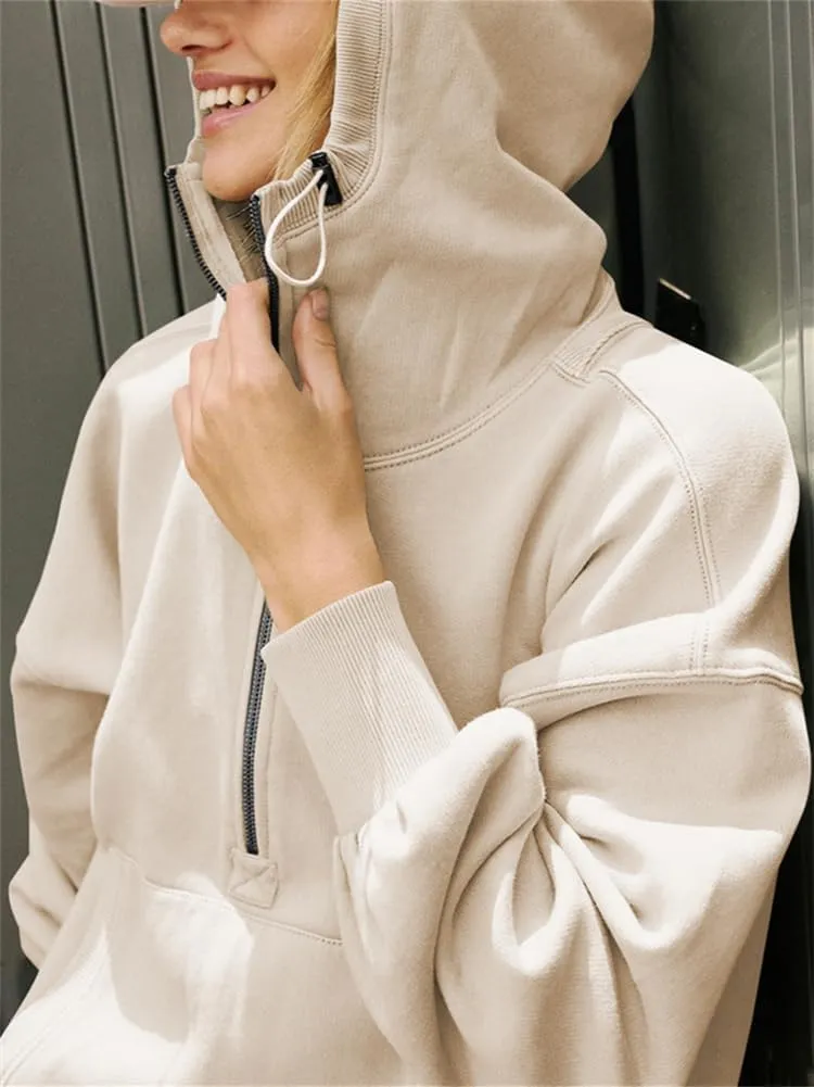 HOULENGS Women's Casual Half Zip Up Hooded Sweatshirt Long Sleeve Drawstring Pullover Sweatshirt with Pocket