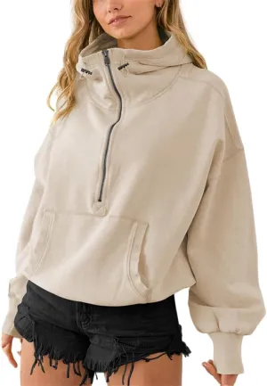 HOULENGS Women's Casual Half Zip Up Hooded Sweatshirt Long Sleeve Drawstring Pullover Sweatshirt with Pocket