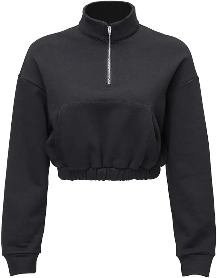 HOULENGS Women's Casual Half Zipper Long Sleeve Sweatshirt Stand Collar Cropped Pullover Tops with Pockets