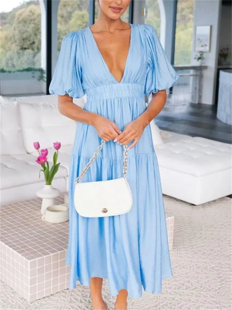 HOULENGS Women's Deep V Neck Puff Short Sleeve Tiered Dress Elastic High Waist Flowy A Line Midi Dresses
