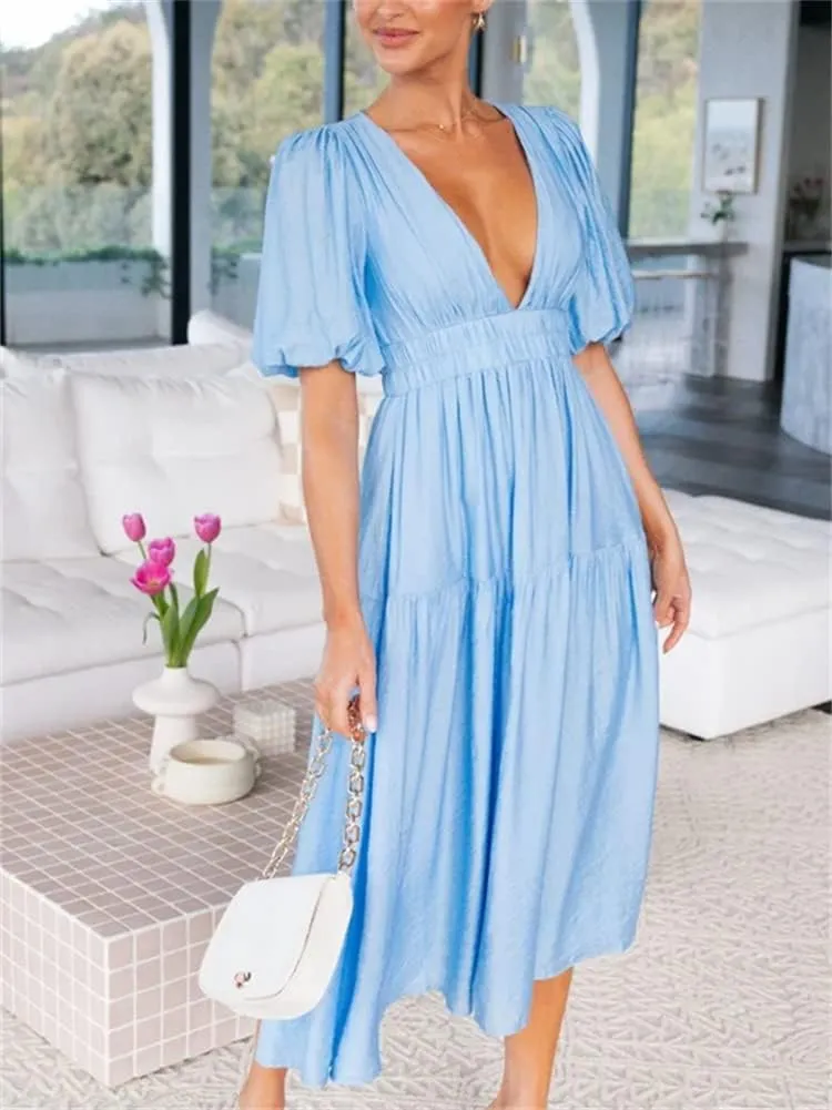 HOULENGS Women's Deep V Neck Puff Short Sleeve Tiered Dress Elastic High Waist Flowy A Line Midi Dresses