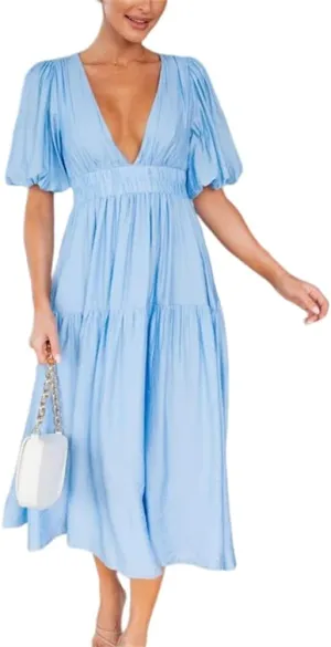 HOULENGS Women's Deep V Neck Puff Short Sleeve Tiered Dress Elastic High Waist Flowy A Line Midi Dresses