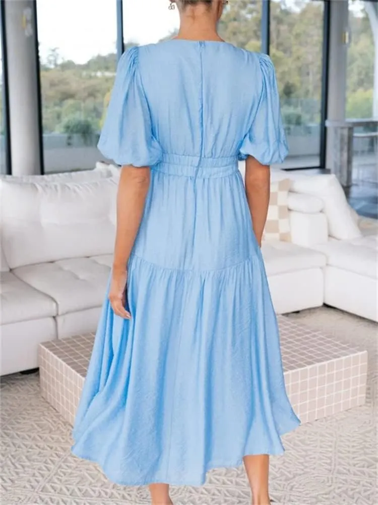 HOULENGS Women's Deep V Neck Puff Short Sleeve Tiered Dress Elastic High Waist Flowy A Line Midi Dresses