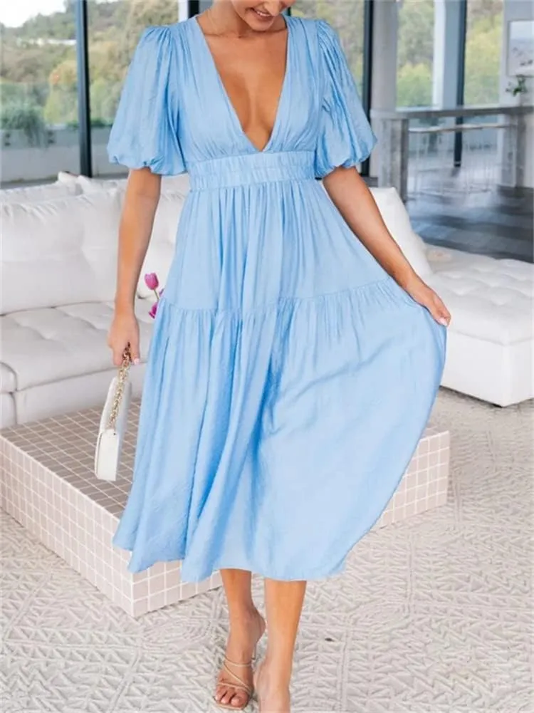 HOULENGS Women's Deep V Neck Puff Short Sleeve Tiered Dress Elastic High Waist Flowy A Line Midi Dresses